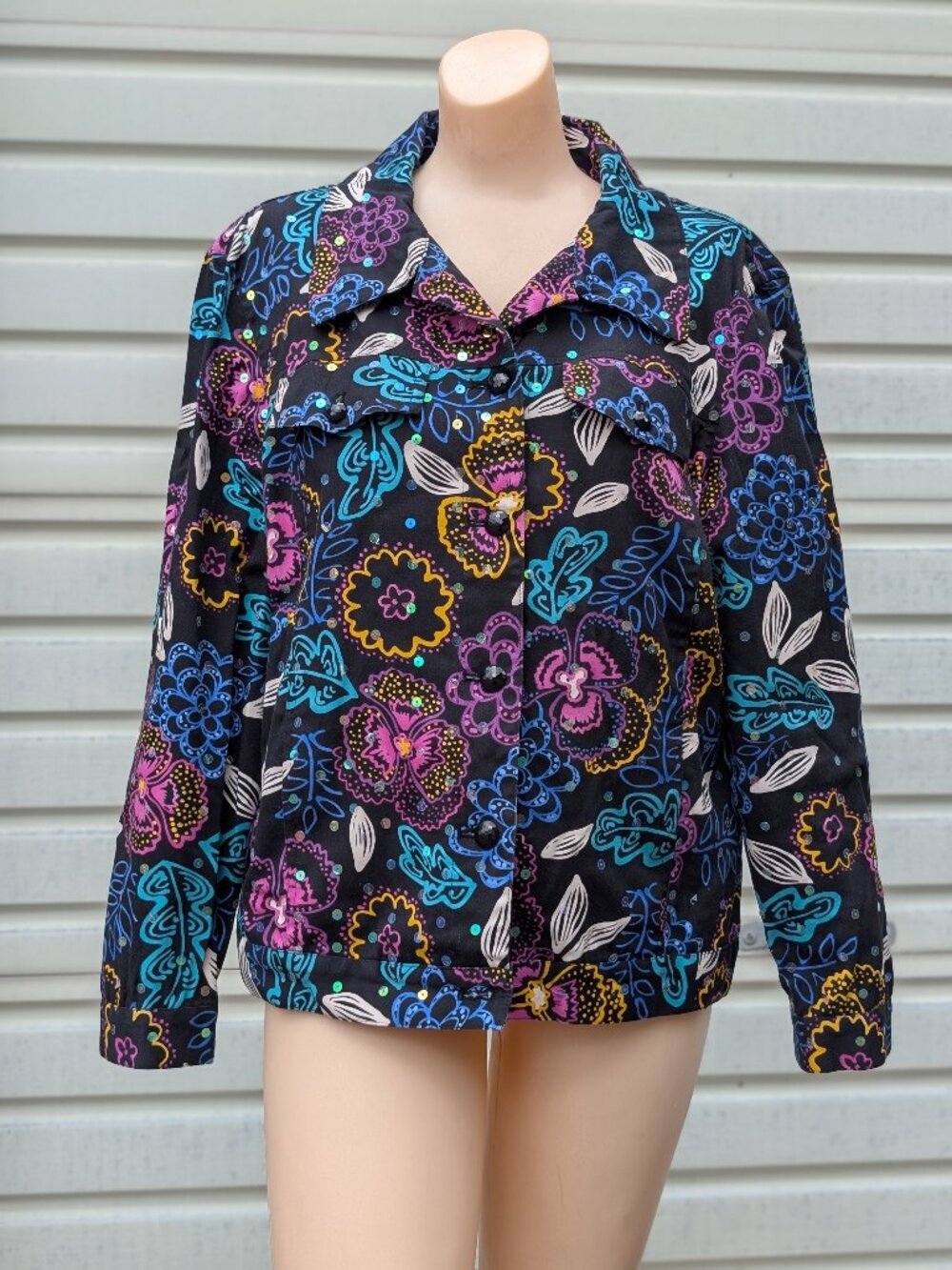 Vintage Redd Jeans Floral Sequin Jacket Women's 10 Black Maximalist Y2K Retro